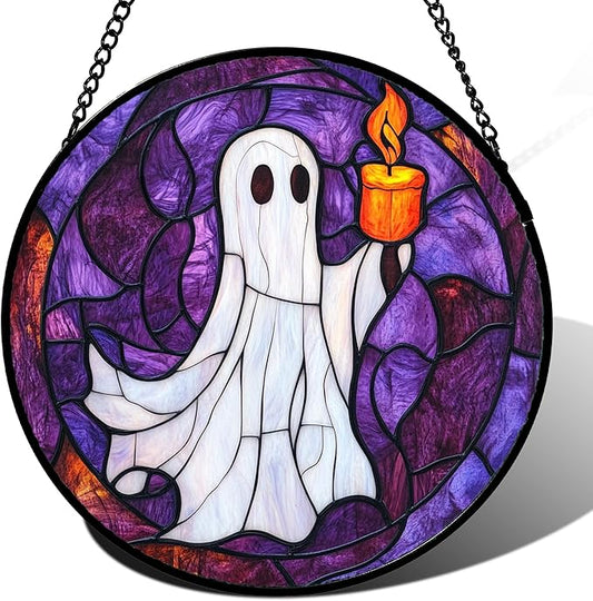Stained Glass Window Hanging - Halloween Decorations Ghost Suncatcher for Doors Garden Indoor Spooky Funny Purple Sun Catchers Gothic Decor Horror Gifts for Women Men Friend 9.8 in