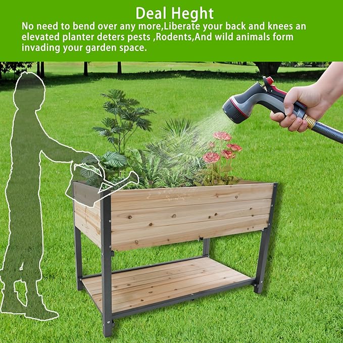 Raised Garden Planter Box with Storage Shelf, 45 inch Elevated Wood Planting Bed, Metal Frame