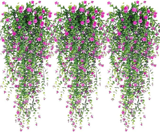 Artificial Hanging Flowers, 3 Pcs Fake Hanging Plants Artificial Vines for Outdoors, Fake Ivy Vine UV Resistant No Fade Faux Plants for Indoor Outside Garden Patio Yard Greenery Decoration (Red)