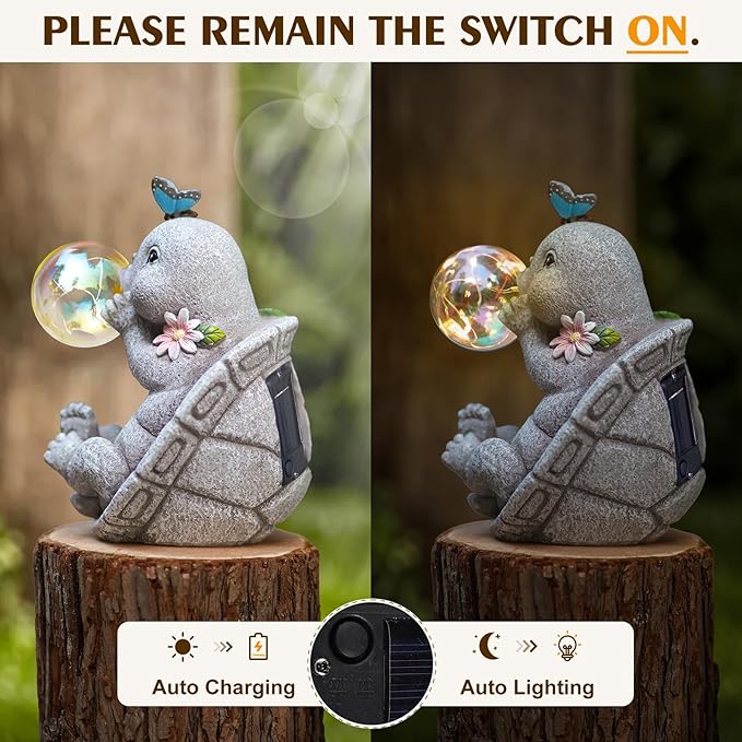 MININOVA Outdoor Garden Decorations Turtle Statues with Solar Light Resin Waterproof Figurines for Outside Yard Patio Mon Birthday Thanksgiving Day