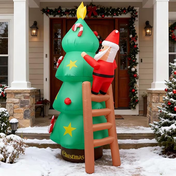 9FT Christmas Inflatables Decorations Santa Claus Climbing Ladder with Christmas Tree, Built-in Bright LEDs, for Yard Garden Lawn Home Party