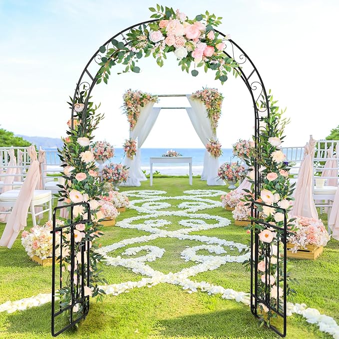 7FT Metal Garden Arch Trellis, Heavy Duty Metal Garden Arbor with Door for Climbing Plants Outdoor Patio, Double-Layered Trellis Arch for Wedding Ceremony Party, 53" x 84", Black, 13mm