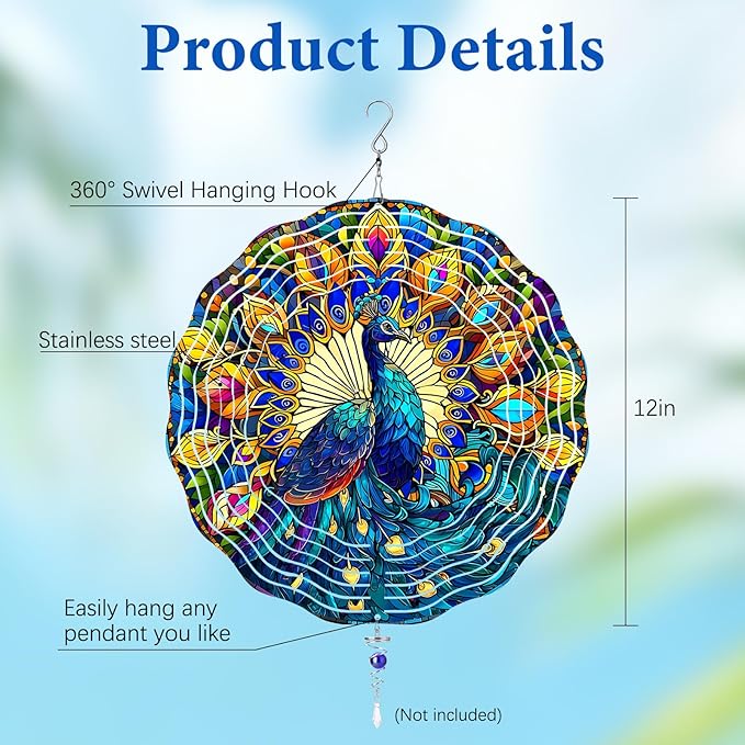 Peacock Wind Spinners Outdoor, Peacock Gifts for Women Wife Mom Grandma, Hanging Wind Spinners for Christmas Thanksgiving, 12 inch Outdoor Indoor Hanging Ornament for Garden Porch Backyard