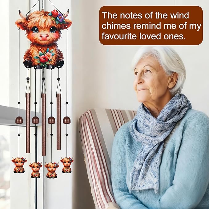 Metal Colorful Highland Cow Wind Chimes for Outside to Create a Zen Atmosphere Suitable for Outdoor Garden Patio Home Decor,Melodious Melodic Tones Suitable as A Birthday for Women Mom
