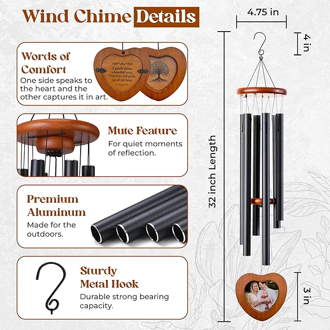32" Tree of Life Memorial Wind Chimes for Outside – Sympathy Wind Chimes for Loss of Loved One – Remembrance Gift for Mom Dad Husband Wife Son Daughter – Includes Optional Photo Pendant & Keychain