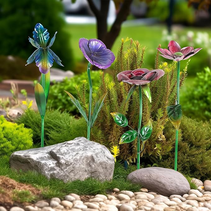 28.5" H Large Flower Stake Metal Decoration for Garden Set of 4, Plant Pick Art Ornaments Waterproof Stake for Lawn Porch Pathway Patio Flower Bed, Yard Outdoor Ornaments(Red & Purple & Blue)