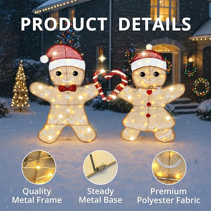 32"H Outdoor Gingerbread Lights, 2D Pre-lit Holiday Lawn Lights Christmas Decorations, 100 Warm White LEDs, Stake-Down Flat Xmas Yard Decor, Ground Decorations for Garden, Porch, Set of 2
