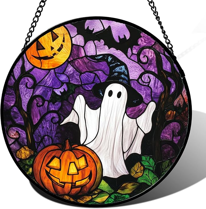 Stained Glass Window Hanging Halloween White Ghost Black Bat 15" - Suncatcher Door Garden Sunroom Horror Pumpkin Sun Catcher Birthday for Friend Mom Men Woman Nana