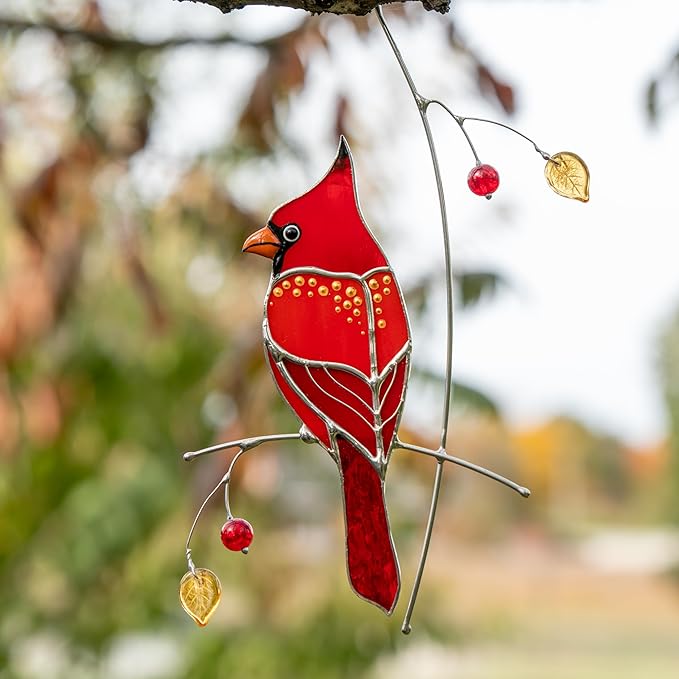 Hummingbird Cardinal Birds Stained Glass Suncatcher Genuine Stained Glass Window Hangings Unique Indoor Ornament & Outdoor Decor (Golden Cardinal)
