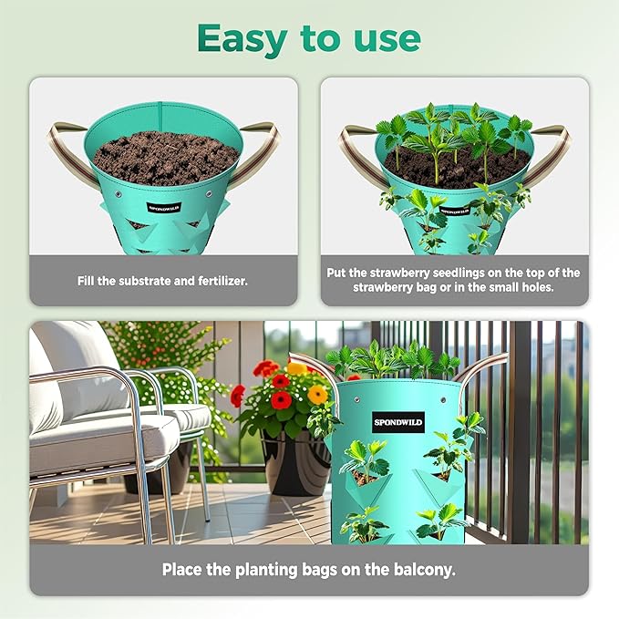 (BFCM Deal 3 Pack 10 Gallon Strawberry Grow Bags, Heavy Duty PE Plant Pots with Breathable Windows and Drainage Holes, Ideal for Strawberries, Veggies, Flowers and Balcony