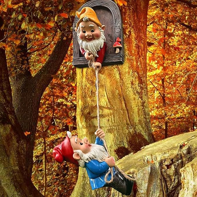 Garden Gnome Statue, Funny Resin Dwarf Sculpture for Lawn Patio Climbing Tree Decor Outdoor (Gnome-B)