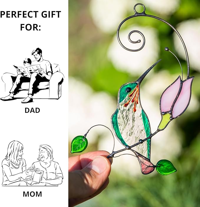Hummingbird Cardinal Birds Stained Glass Suncatcher Genuine Stained Glass Window Hangings Unique Indoor Ornament & Outdoor Decor (Hummingbird)