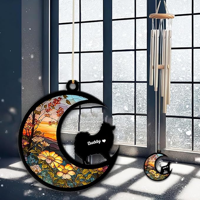 Pomeranian Sun Catcher Wind Chime, Custom Sunflower Suncatcher Dog Memorial Wind Chime, Dog Loss Gift, Dog Sympathy Gift, Pet Loss Suncatcher, Outdoor Garden Decor