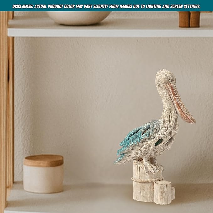 Blue Pelican on Post Figurine – 13.75” Coastal Nautical Decor, Coral Reef Ocean Statue for Beach Home Accent, Shelf, Mantel, or Tabletop Display