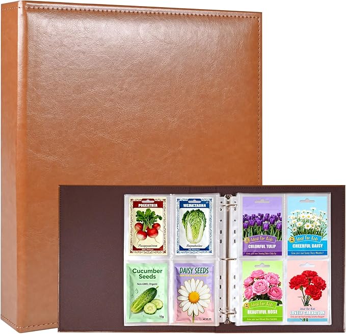 A4 3 Ring Binder Garden Seeds Storage Album with 30 Pcs 3.5x5” Seed Packet Sleeves, PU Leather Hardcover Organization Book for Seed Packet，Photo, Index Card，240 Top Loading Pockets Capacity