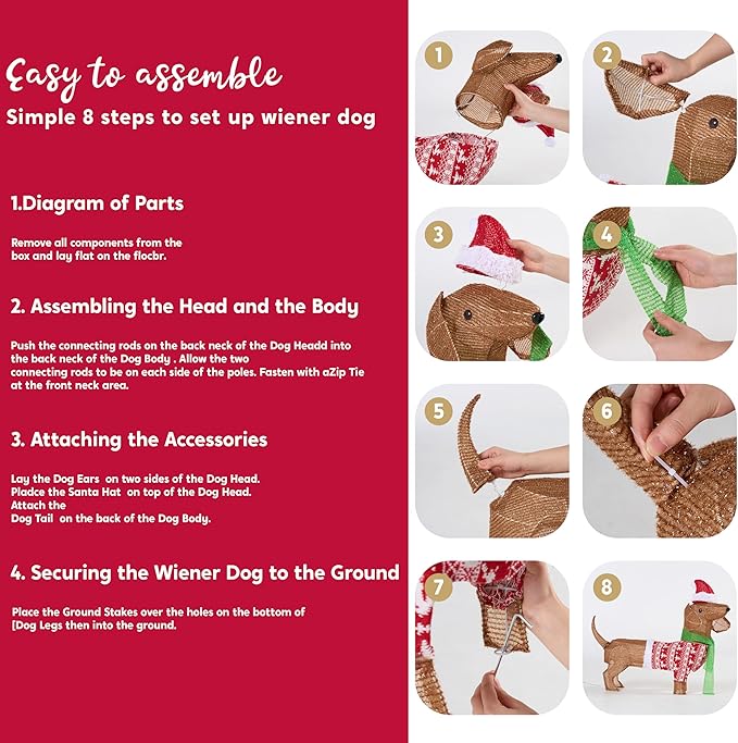 JOYIN Lighted Wiener Dog Christmas Decorations Outdoor, 40 LEDs Warm White Tinsel Dachshund Lights for Christmas Yard Decor, Light Up Xmas Lawn Ornaments with Metal Stakes for Outside Porch Garden