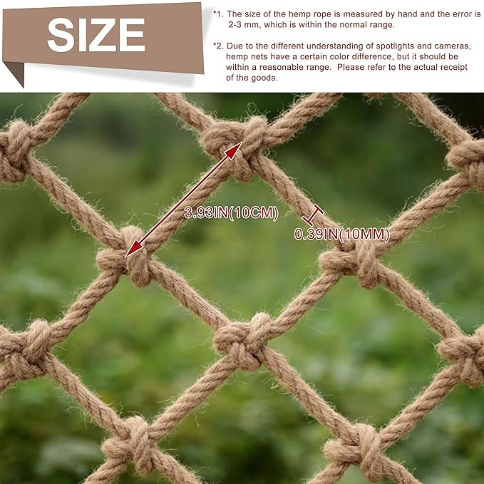 Safety Hemp Rope Net Kids Climbing Tree House Children Netting Balcony Stairs Fence Railing Garden Playground Protection Heavy Duty Indoor & Outdoor Decor Rope Net 8mm/8cm 3.3x9.8ft(1x3m)