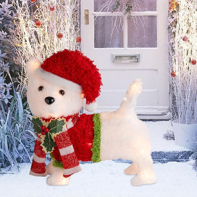 Christmas Lighted Dog Decoration Pre-lit 3D Glittered Fluffy Puppy Battery Operated Lighted Up Standing Ornament Outdoor Indoor Christmas Decoration for Home Lawn Yard Garden Display