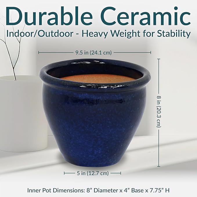 Sunnydaze Round Ceramic Planter - Set of 2 Indoor or Outdoor Plant Pots with Drainage Hole - Chalet - 9" - Imperial Blue Glaze