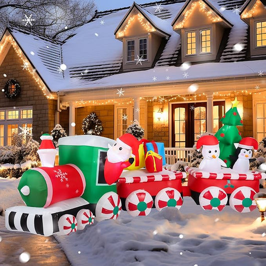 12FT Long Christmas Inflatables Decorations, Outdoor Santa Train Decoration, Giant Blow Up with with Built-in LED Lights for Yard Garden Lawn Holiday Decor