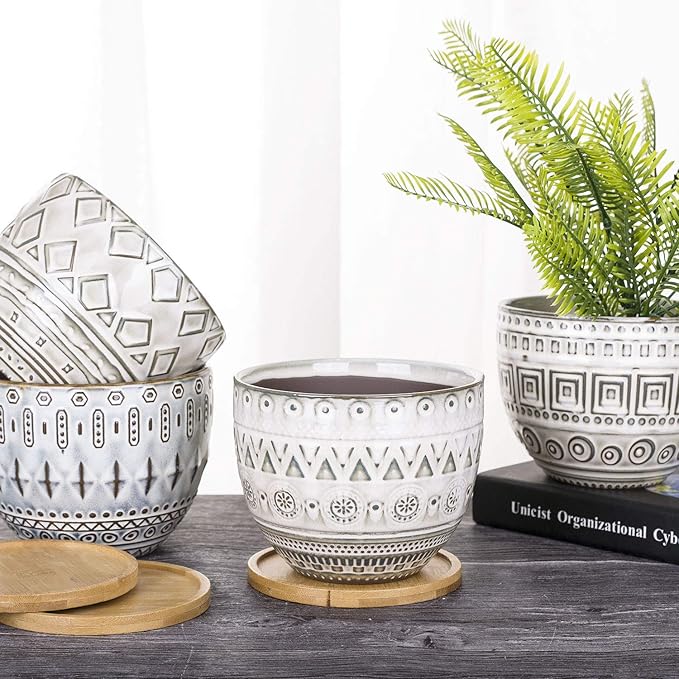 VanEnjoy 5.5 inch Large Round Bohemian Style Ceramic Planter, Geometry Engrave Off White Brown Succulent Planter Flower Pot, Indoor Outdoor Decorative Planter