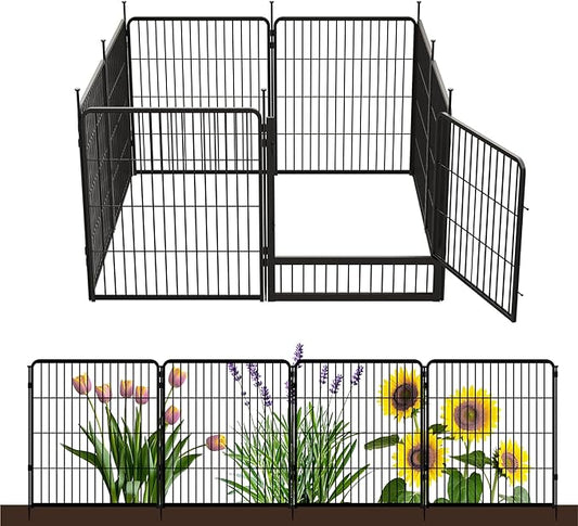 SunsGrove Garden Fence with Gate, 32 in(H) x 17.8 ft(L) 8 Panels Heavy Duty Metal Animal Barrier Fence for Yard, Suitable for Indoor or Outdoor Dog Pet Fence, Garden Fence Border, Black