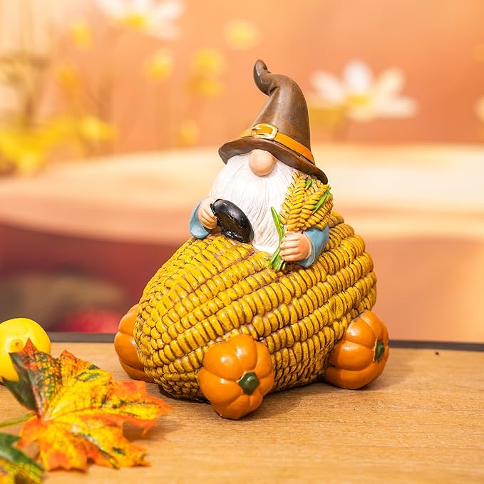 Autumn Gnome Statue Corn Car with Pumpkin Wheel Enchanting Fall Resin Figurine for Thanksgiving Party Home and Outdoor Decor