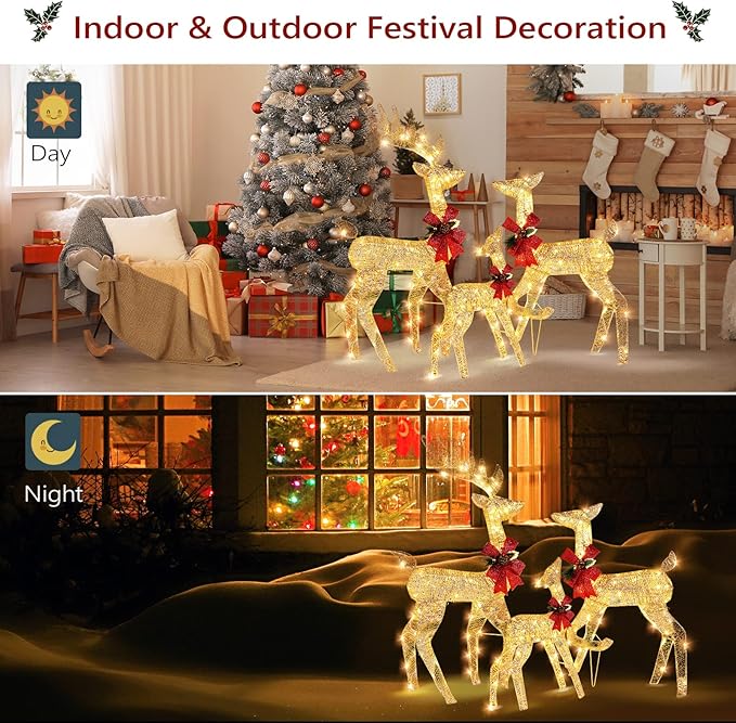 VINGLI Lighted Reindeer Christmas Decoration 3-Piece Deer Family Set for Outdoor Decor, Pre-lit 270 LED Christmas Deers for Outdoors Yard Ornament with Stakes, Zip Ties-Gold