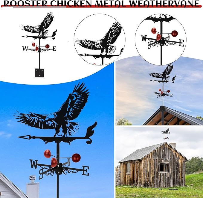 Weathervane Roof Mount, Rust-Resistant & Durable Metal Wind Direction Indicators, Decor Weather Vane for Yard, Outside, Garden, Shed, Farmhouse & Chicken Coop (Eagle)