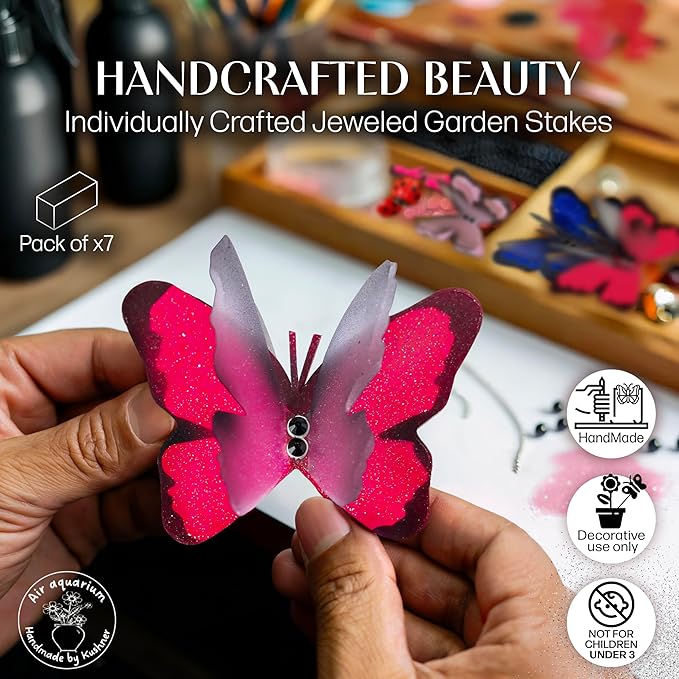 Handmade Pink Butterfly Garden Stakes Set of 7 - Decorative Outdoor & Indoor Plant Decor - Nature Lover Gift Idea by Air Aquarium Kushner
