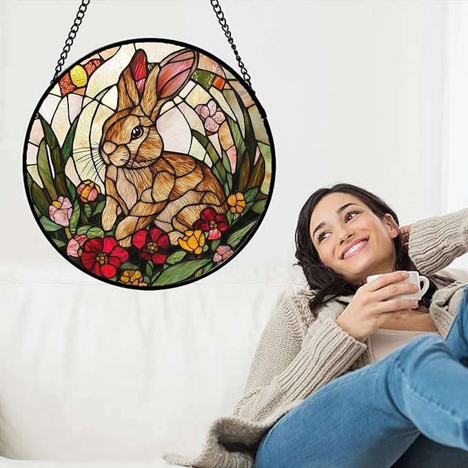 Stained Glass Window Hanging, Cute Bunny Flowers Sun Catcher for Window Door Home Decor, Rabbit Suncatcher Christmas Mother's Day Birthday Gifts for Women Men Mom and Nana 7.8 in