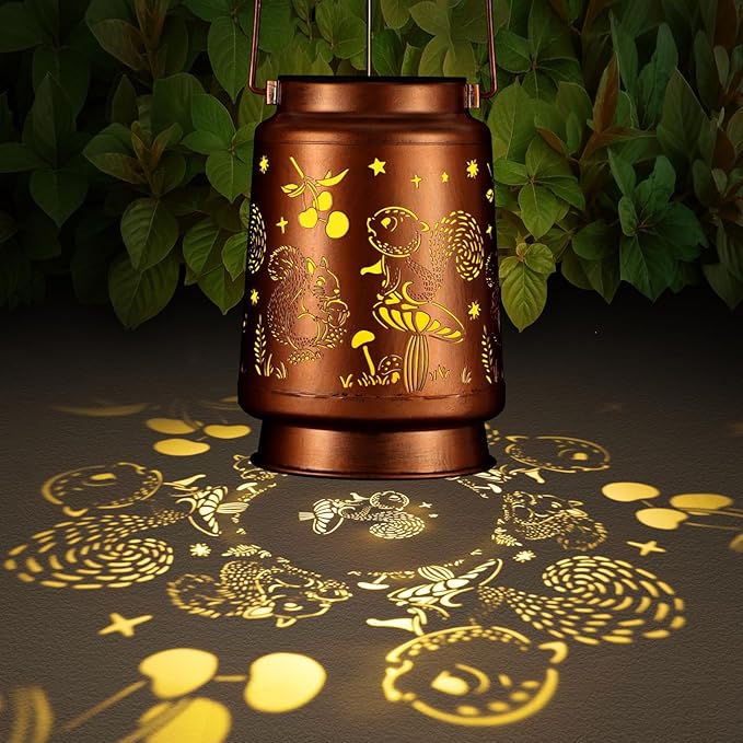 Solar Lantern Outdoor Hanging Waterproof Outside Metal Openwork Hummingbird Pattern Birthday Gifts for Women Mom Landscape Lights for Porch Garden Yard Patio Pathway Decor(Squirrel)