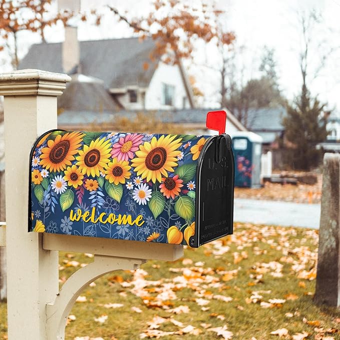 Welcome Flower Magnetic Mailbox Cover Spring Floral Mailbox Cover Magnetic Standard Size 21 X 25.5 Inch Sunflower Mailbox Post Cover Mailbox Wraps Mailbox Decor for Home Garden Outdoor Yard