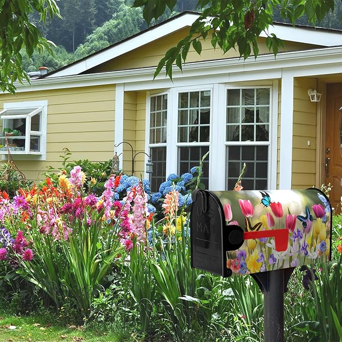Spring Tulip Mailbox Covers Magnetic Oversized Spring Flowers Mailbox Wraps Large Size 25.5" X 21" Summer Butterfly Floral Resistant Post Letter Box Cover for Garden Yard Home Outdoor Decor