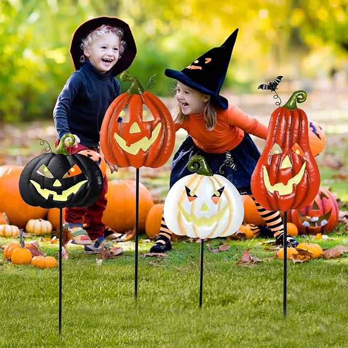 Halloween/Thanksgiving Metal Stakes Pumpkin, Jack o Lantern Spooky Faces Smile with Luminous Effect, Garden Yard Signs, Halloween Pumpkins Outdoor, Pumpkin Decorations Outdoor,Set of 4