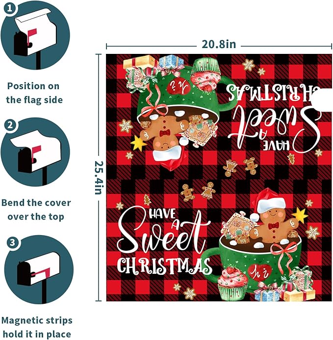 25.5"x21" Gingerbread Mailbox Cover Magnetic Large Size Have A Sweet Christmas Cookies Mailbox Wrap Post Cover with Red Black Buffalo Plaids for Yard Garden Outside Holiday Decor