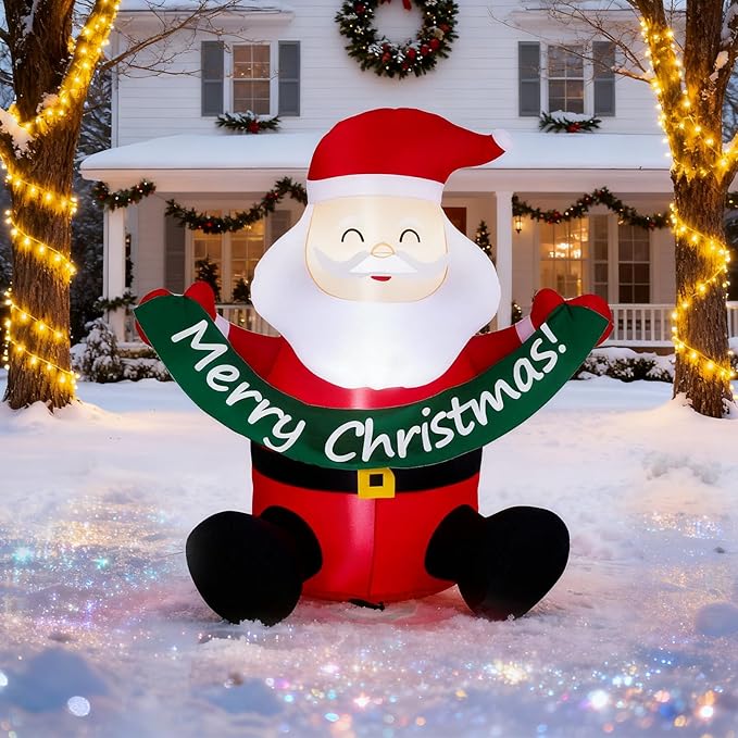 VINGLI 5.8ft Cute Santa Claus Inflatable, Inflatable Santa Holding Banner Christmas Blow ups Yard Decoration, Outdoor Inflatables with LED Lights for Outdoor, Lawn, Garden, Xmas Holiday Decor