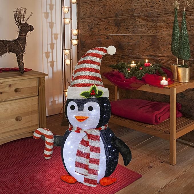 Juegoal Lighted Christmas Penguin Decorations, 2.5FT / 30Inch Outdoor Collapsible Black Penguin with Built-in Lights, Pre-Lit Pop Up Xmas Red Hat Penguin, Light Up for Holiday New Year Winter Decor