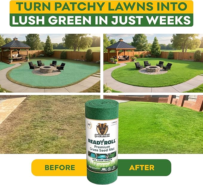 Petramax ReadyRoll Biodegradable Grass Seed Mat for Lawn (108 ft.) - All Year Green 3-in-1 Tall Fescue & Kentucky Grass Seed Rolls w/Mulch & Fertilizer - Lawn Repair Patch - Just Roll, Water, Grow