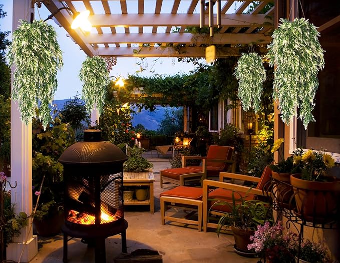 RECUTMS Artificial Ferns Hanging Baskets Lights Outside Lavender Real Plant in Basket Synthetic Plants 4pcs (White)