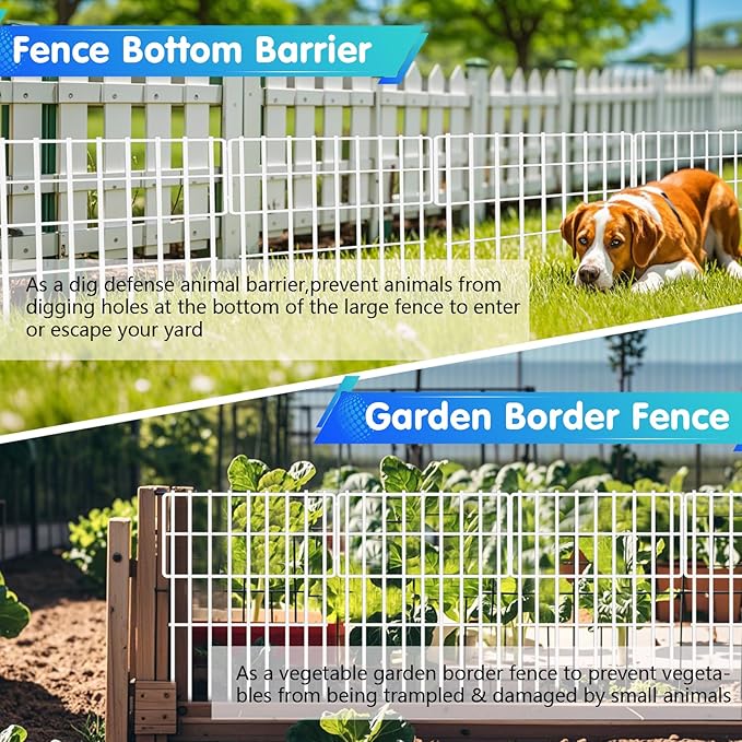 26 Panels No Dig Fence, 28ft(L) x 17in(H) Dog Digging Fencing Barrier, 1.2in Gap Animal Barrier for Bottom of Fence, Rustproof Metal Garden Edging Border Ground Defense for Outdoor Patio, White