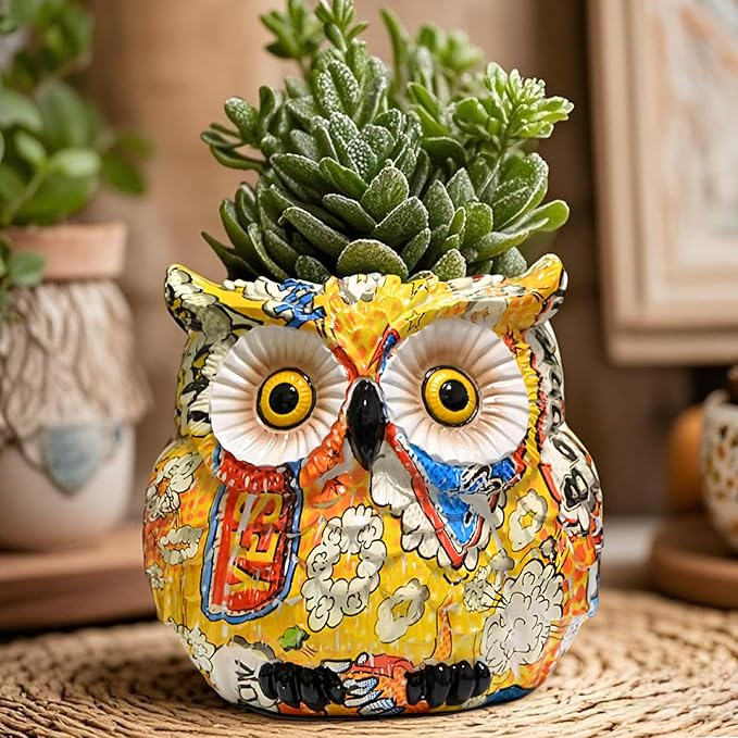 Yellow Owl Planter, Owl Flower Pot, Owl Succulent Pots, Owl Statue Decor, Animal Plant Pots Indoor/Outdoor, Cute Flower Pots with Drainage, Figurine Plant Pot, Decorative Planters Gifts for Women