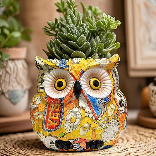 Yellow Owl Planter, Owl Flower Pot, Owl Succulent Pots, Owl Statue Decor, Animal Plant Pots Indoor/Outdoor, Cute Flower Pots with Drainage, Figurine Plant Pot, Decorative Planters Gifts for Women