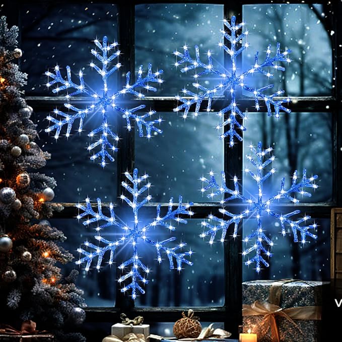 Christmas Window Snowflake Lights Decorations, Battery Operated Led Hanging Iron Lights, 8 Lighting Modes for Home Bedroom Indoor Outdoor Wall Holiday Decor (Blue, 4 Pack)