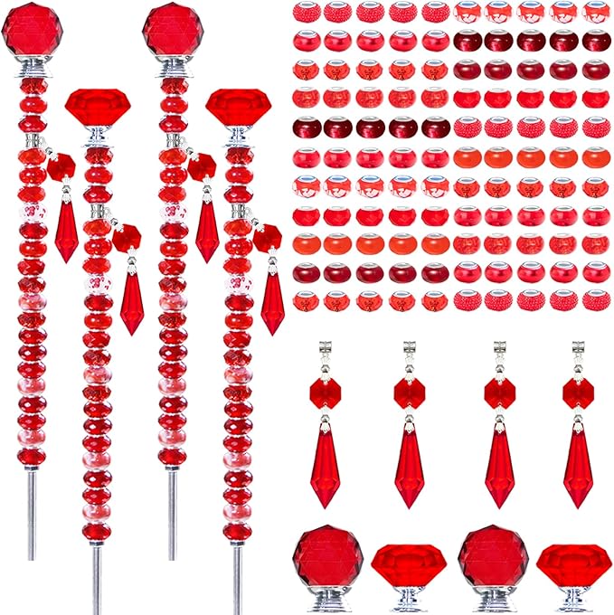 Exway 100 PCS DIY Fairy Wand Beaded Garden Stake Beads Kits with Red Large Hole Beads 4 Crystal Stopper Top Threaded Rods and 4 Red Sparkling Crystal Pendants for Outdoor Indoor Decor