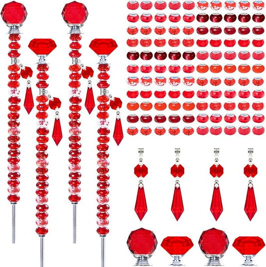 Exway 100 PCS DIY Fairy Wand Beaded Garden Stake Beads Kits with Red Large Hole Beads 4 Crystal Stopper Top Threaded Rods and 4 Red Sparkling Crystal Pendants for Outdoor Indoor Decor