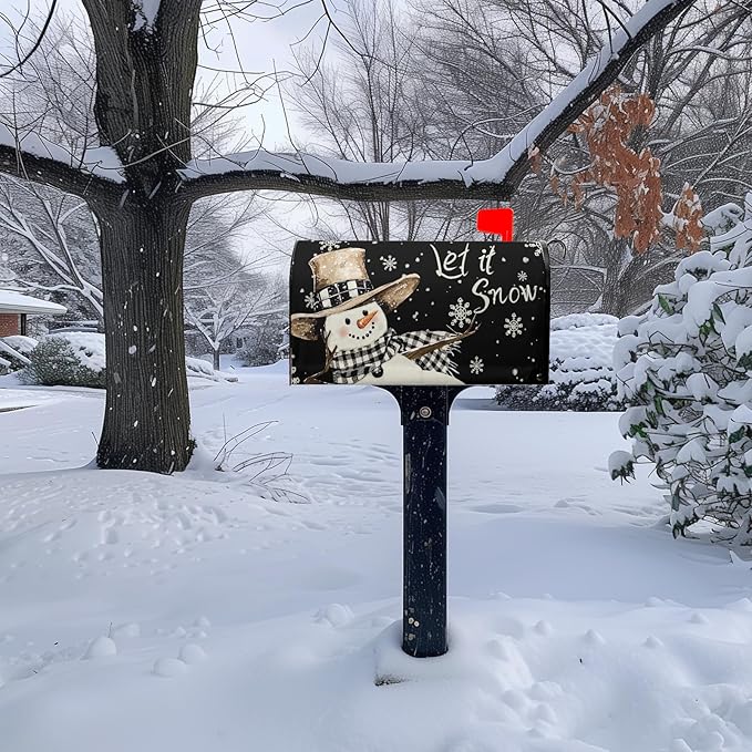 Winter Snowman Mailbox Cover Magnetic Standard Size 21 x 18 Christmas Holiday Snowflakes Post Letter Box Wraps Decor for Outside Black and White Garden Yard Outdoor Decorations