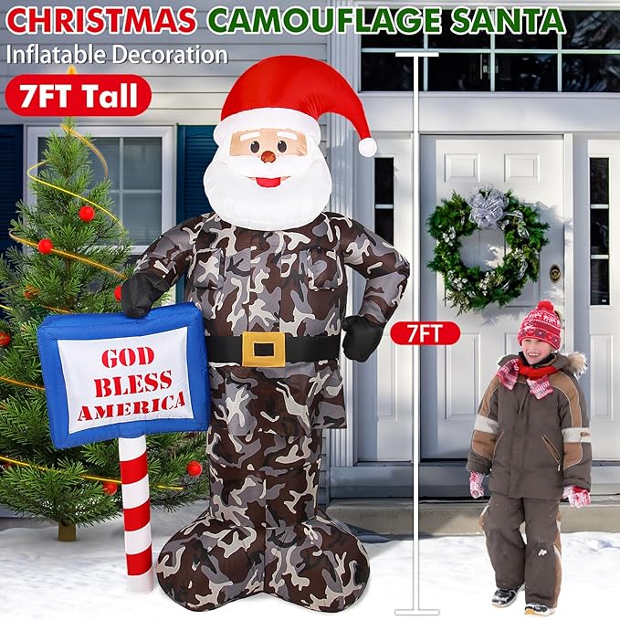 Christmas Inflatable Outdoor Decoration, 7FT Giant Blow Up Camouflage Santa Claus Xmas Decorations Soldier Army Gift, Built-in LED Lights Holiday Decor for Indoor Outside Lawn Garden