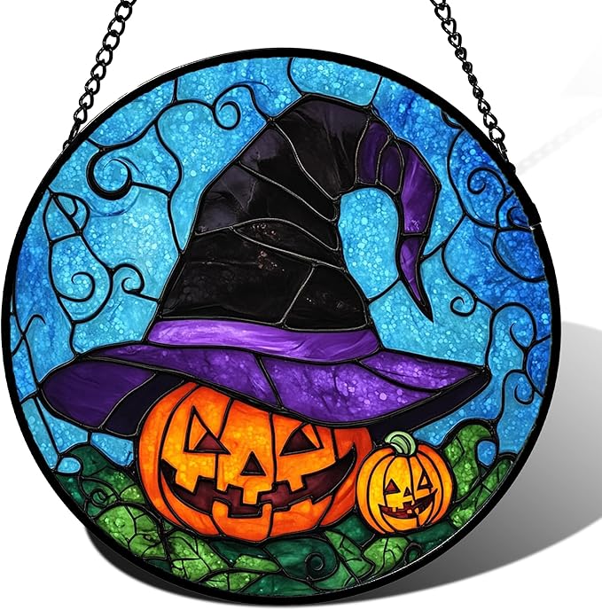 Stained Glass Window Hanging Halloween Horror Pumpkin 7.8" - Suncatcher Door Garden Sunroom Purple Black Witch Hat Sun Catcher Birthday for Friend Mom Men Woman Nana
