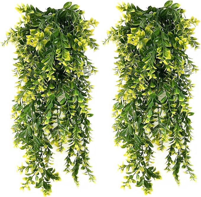 Artificial Hanging Plants, Fake Vines Decoration Plastic Leaves Faux Ivy Foliage Rattan Greeny Vine Plant for Wedding Indoor Outdoor Home Garden Bedroom Office Wedding Christmas Decor - Yellow 4 Pack